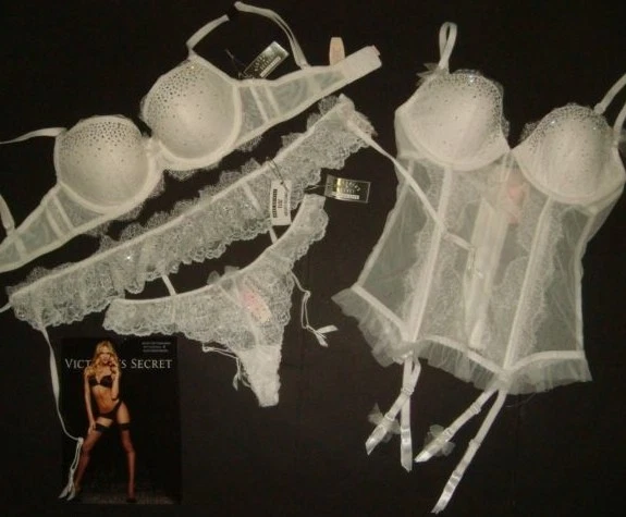 Victoria's Secret 34B/34C,36B,36D BRA SET+garter CORSET crystallized Bride  white