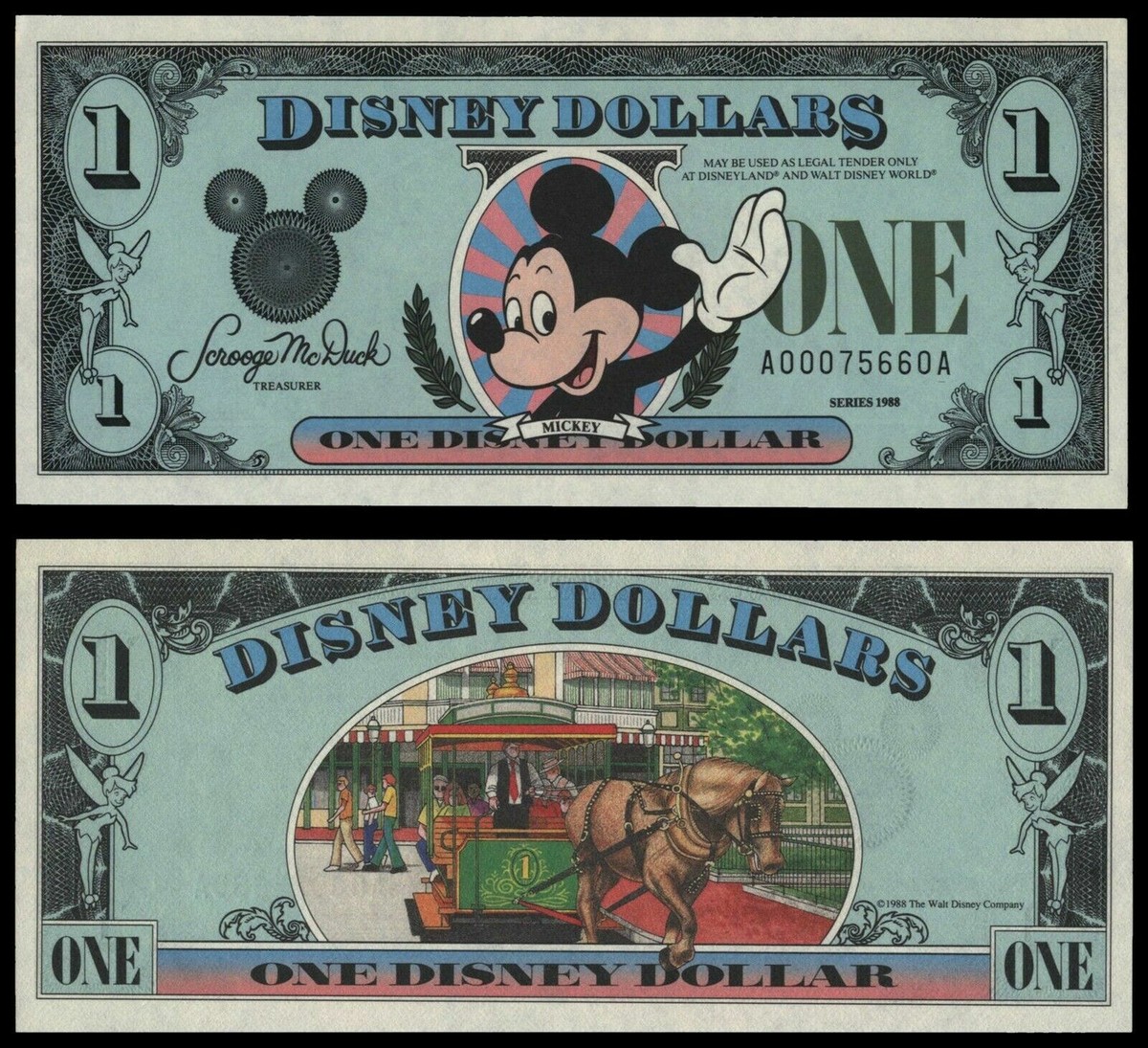 🔴USA Disney Dollar 1988 $1 Mickey: Horsedrawn Carriage Back