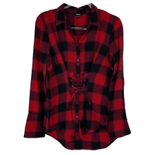 Express Small Red Black Plaid Corset Front Button Up Tunic Shirt Women