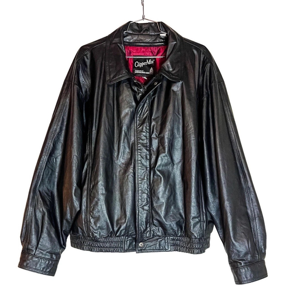 Vintage Black Leather Bomber Jacket Men's Full Zip Moto Boxy Cut