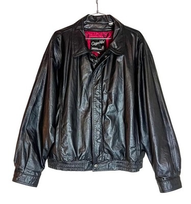 Vintage Black Leather Bomber Jacket Men's Full Zip Moto Boxy Cut