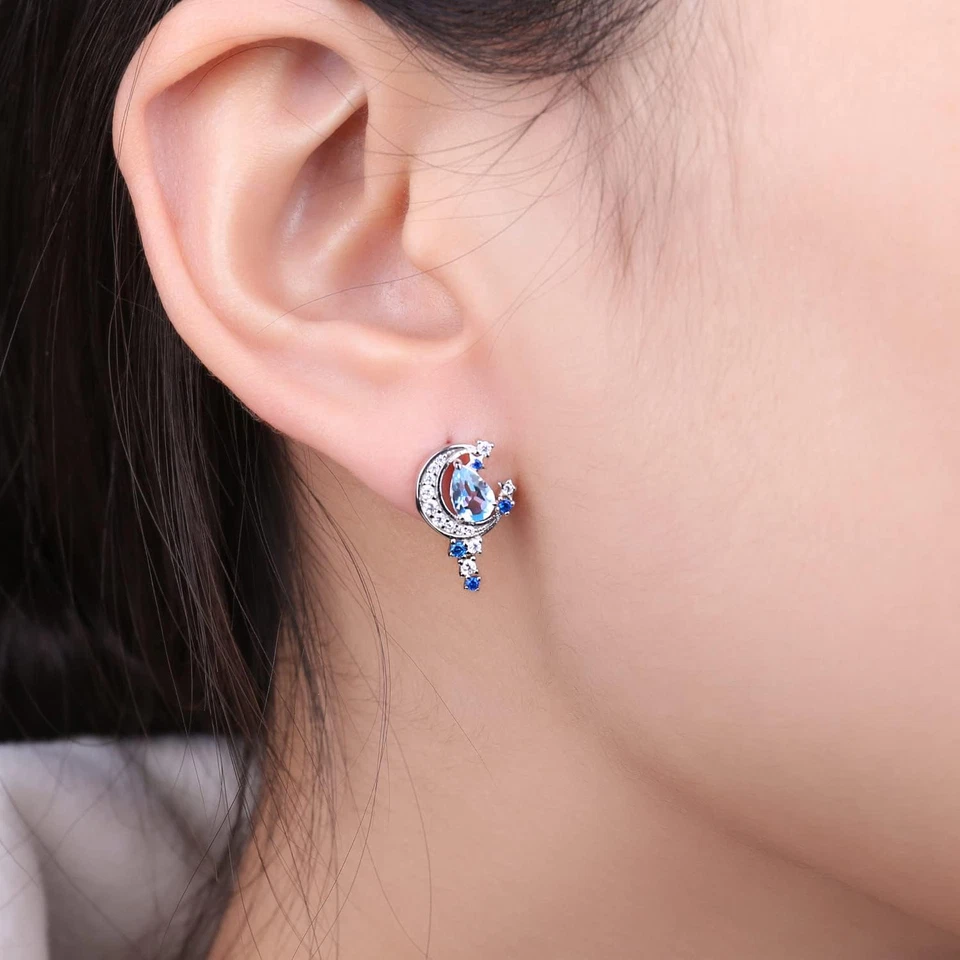 Mond und Stern Tropfenschliff 2.2ct Blautopas Saphir Ohrstecker Silber 925 - Bild 4 von 4