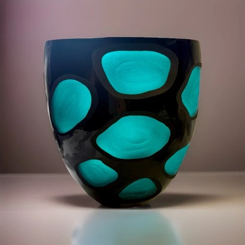 Rare Vintage Murano Battuto Art Glass Vase Blue Carved Sculptural Italy 10”Heavy