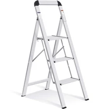 KINGRACK Aluminium 3 Step Ladder, Lightweight Step Stool with Non-slip Pedals,