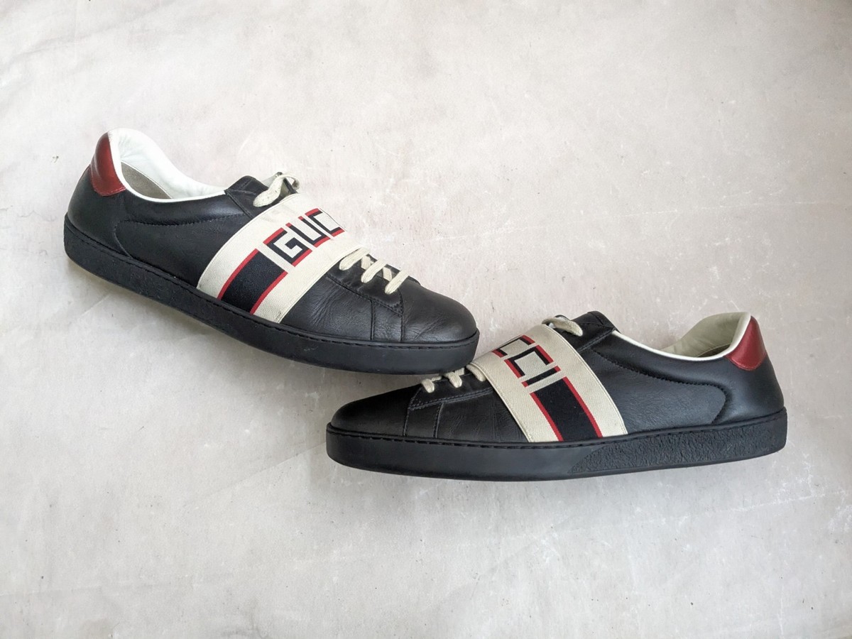 Gucci Ace Stripe Sneakers Men 12 Black Leather Low Tops GG 523469