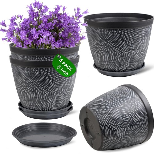 4 Pack 8 Inch Flower Pots Planters for Outdoor Indoor, Plastic Plant Pots wit...