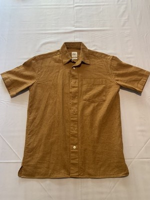 ZARA Men's Sz S Creased Effect Textured Brown Button Down Short Sleeve