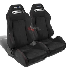 PAIR RED STITCH BLACK SUEDE TYPE-R DIAL RECLINABLE RACING BUCKET SEATS+SLIDERS