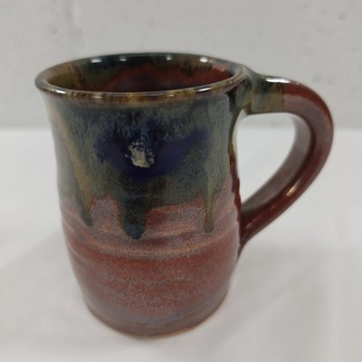 Handmade Studio Pottery Brown Blue Drip Glaze Coffee Mug Artisan Cup Signed J K