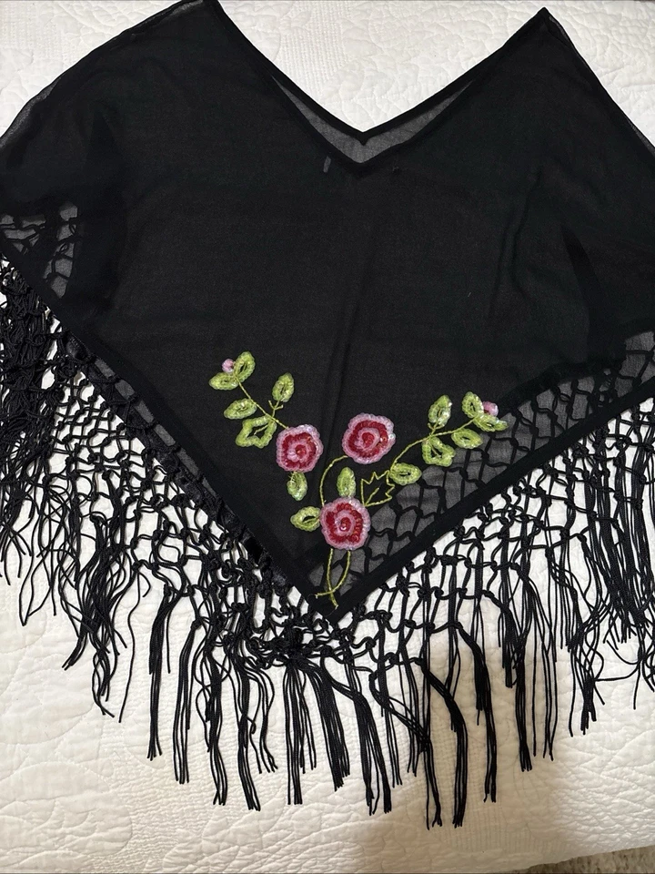 Vintage Fringed & Sequin embroidered Triangle Sheer Shawl - Image 2 of 4