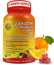 Quercetin with Bromelain Vitamin C & Zinc Organic Whole Food Quercetin (180 Ct)