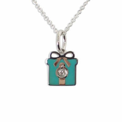 Tiffany Blue Enamel Diamond Gift Box Charm Pendant Necklace