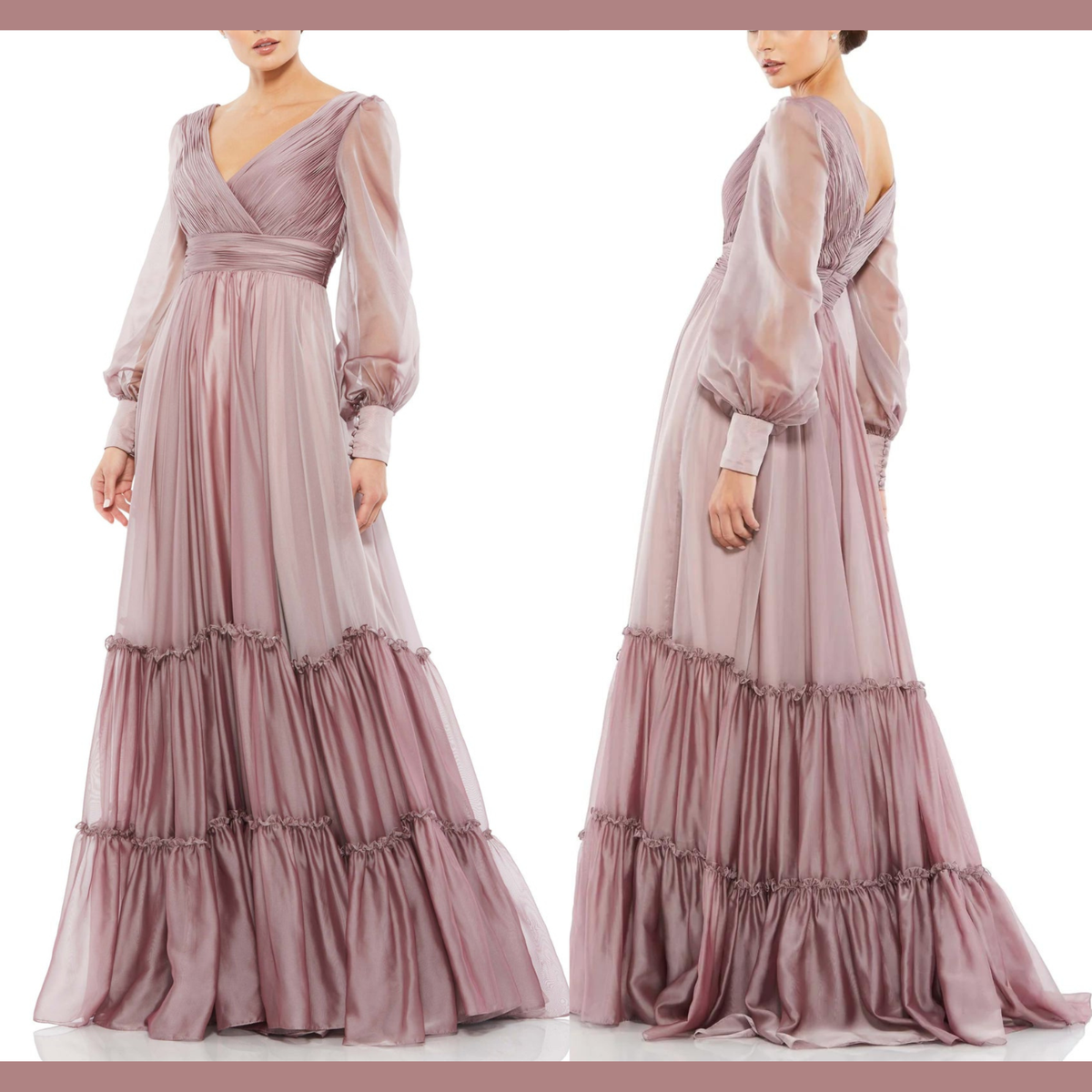 MAC DUGGAL新作クロスバック ラッフル袖 ロングドレスChoccolate NWT $598 Mac Duggal [ 8 ] Faux Wrap long Sleeve Tiered Gown