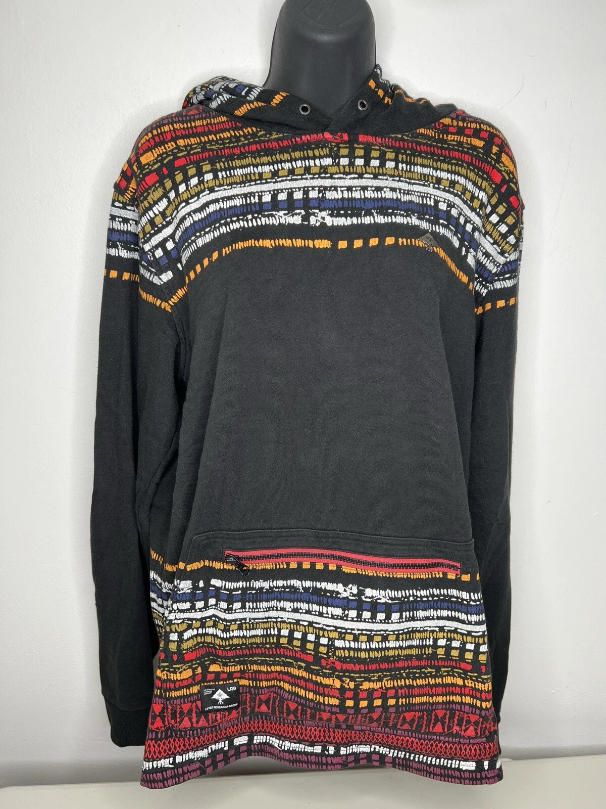 Lifted Research Group Hoodie Black Aztec Logo Zip Pocket Women's Large
