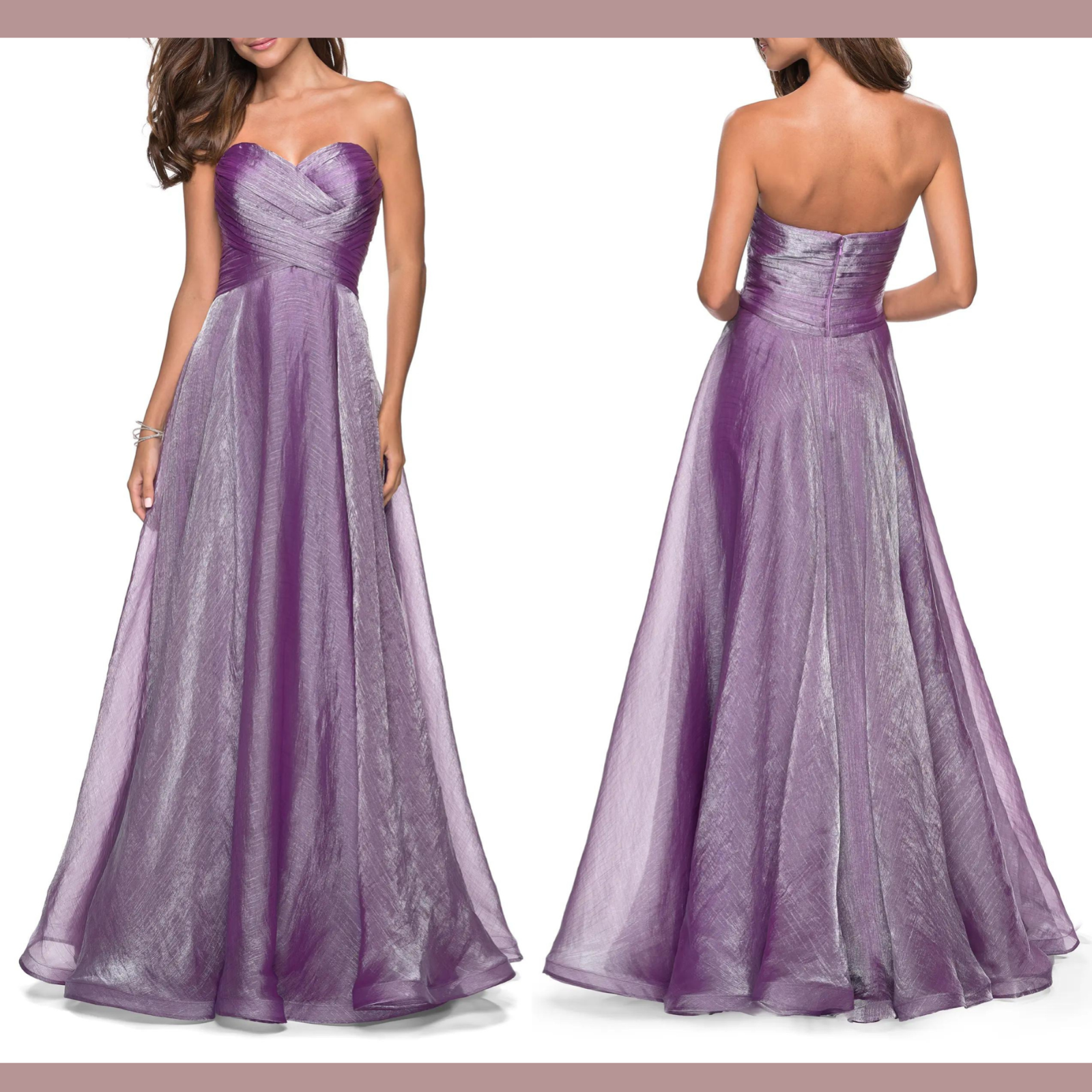 la femme strapless metallic organza gown