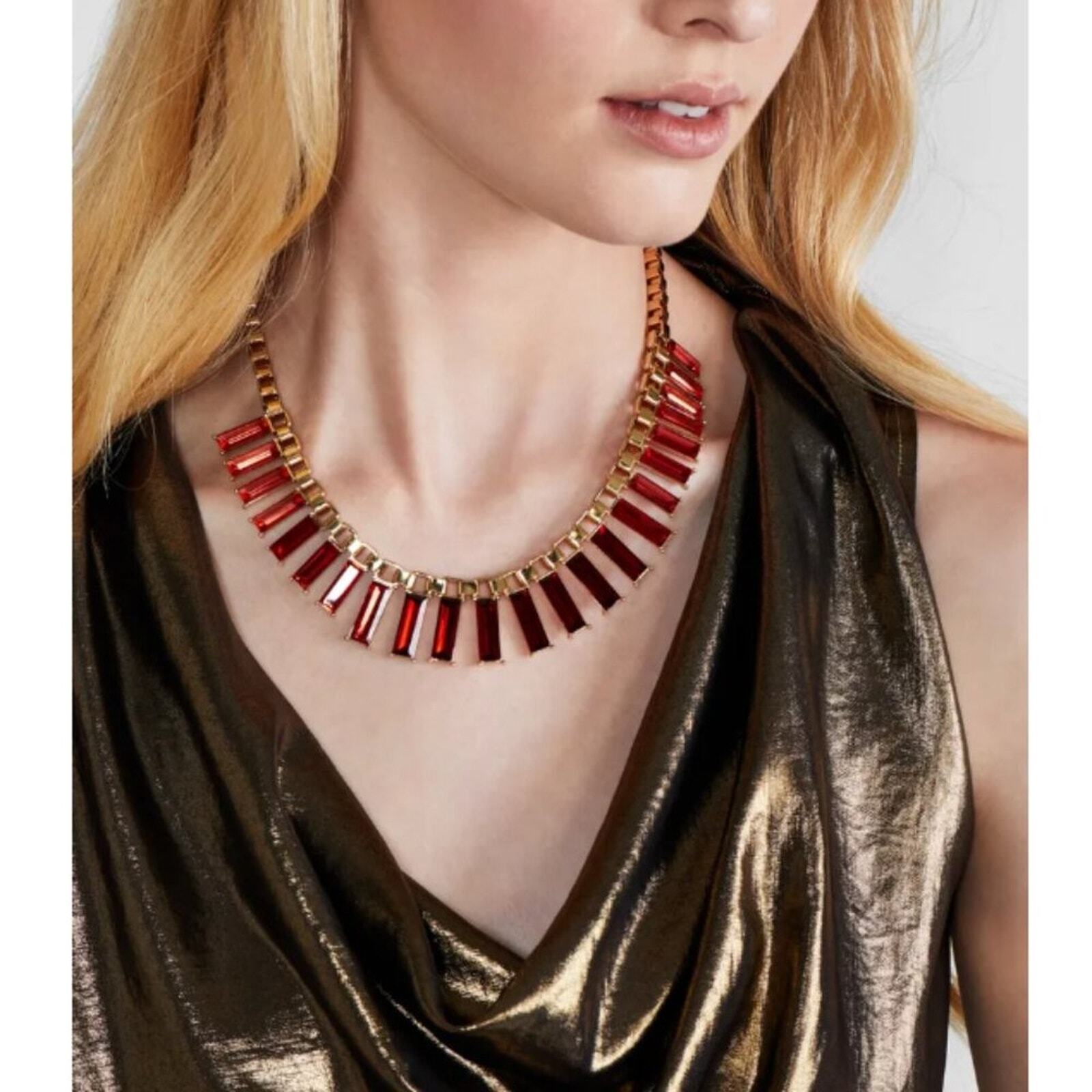 NEW Red Statement Necklace Rectangular Crystal Go… - image 2