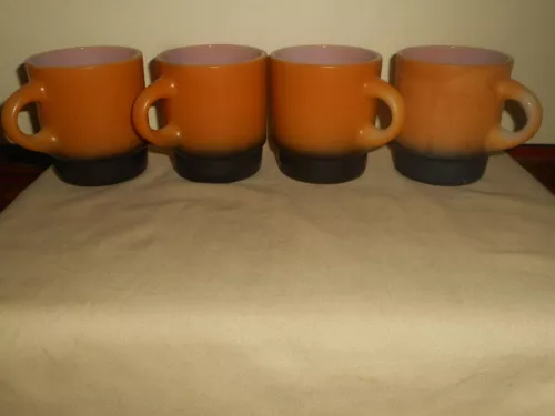 Vintage Anchor Hocking Fire King Stackable Glass Coffee Mugs ORANGE & BROWN (4)