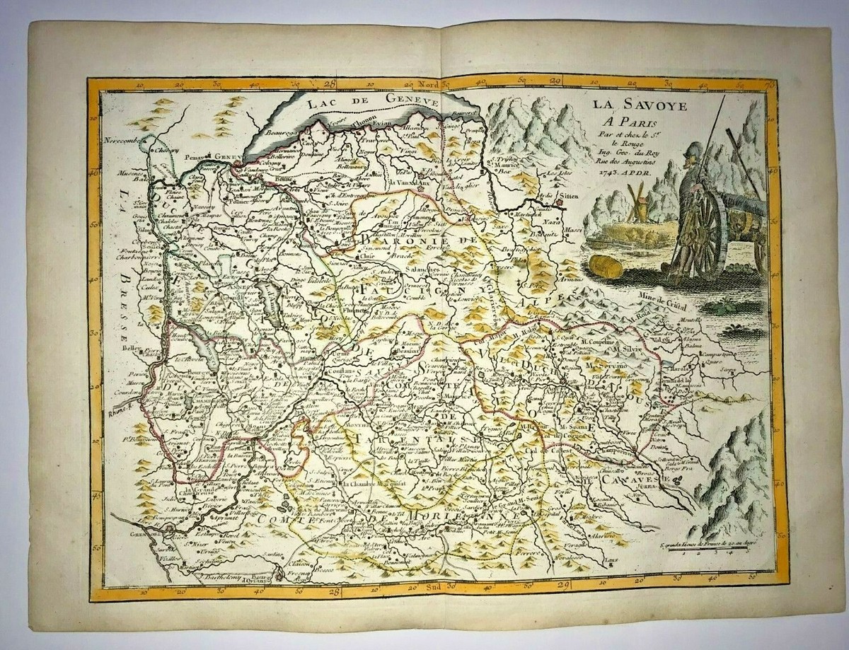 SAVOYE FRANCE ITALY 1743 Georges-Louis LE ROUGE ANTIQUE MAP 18TH