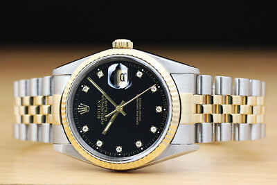 ROLEX MENS DATEJUST 16233 FACTORY DIAMOND BLACK DIAL 2-TONE
