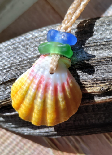 Hawaiian Sunrise Shell & Sea Glass Necklace Sinew Braid Teen Beach Men Gift - Picture 4 of 7