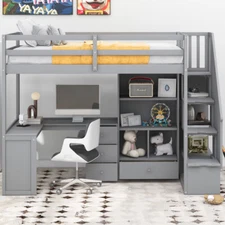 Twin Size Loft Bed w/L-Shaped Desk,Drawers, Cabinet and Storage Staircase, Gray