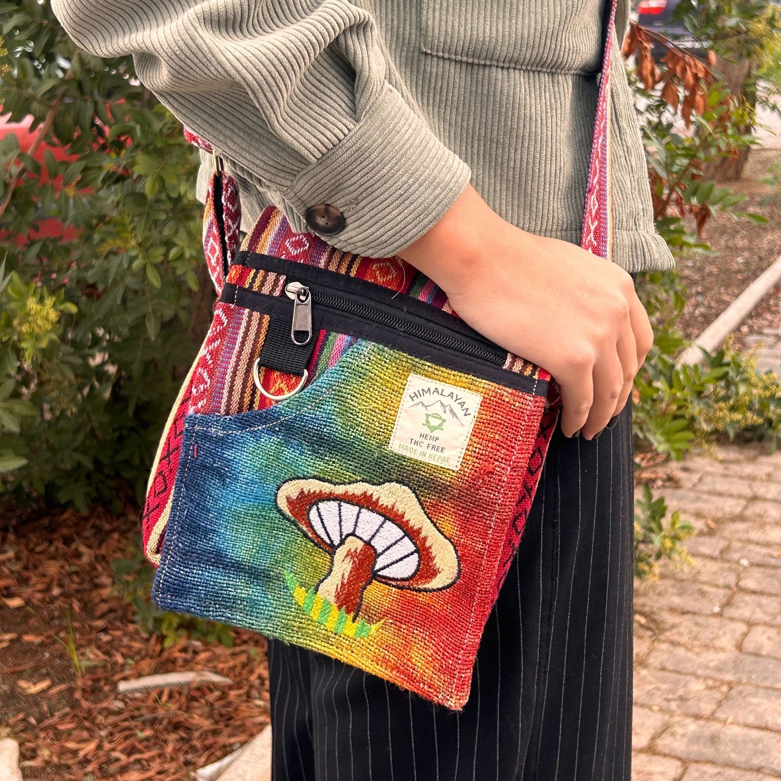 Hemp Embroidery Mushroom Bag - Orange Mushrooms