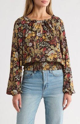 DR2 by Daniel Rainn Black Blouse Sz XL Multi Floral Metallic Gold Tie Front Boho