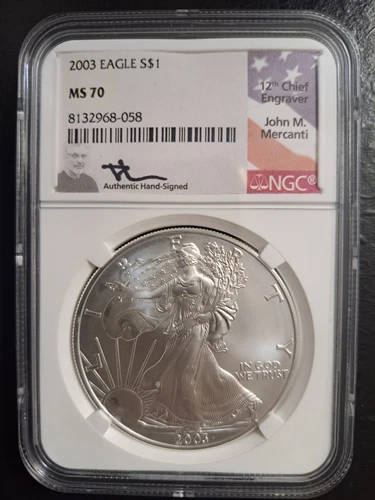 2003 AMERICAN SILVER EAGLE NGC MS70 MERCANTI SIGNED FLAG LABEL RARE COIN LOW POP