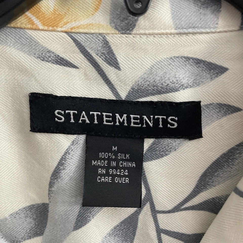 Statements Mens Hawaiian Shirt Beige Floral Medium Silk Short Sleeve Collar - Image 2 of 4