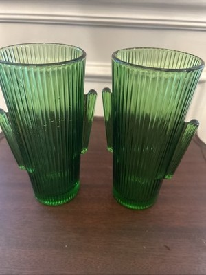 Green Ribbed Libby Saguaro Cactus Glasses. Set Of 2