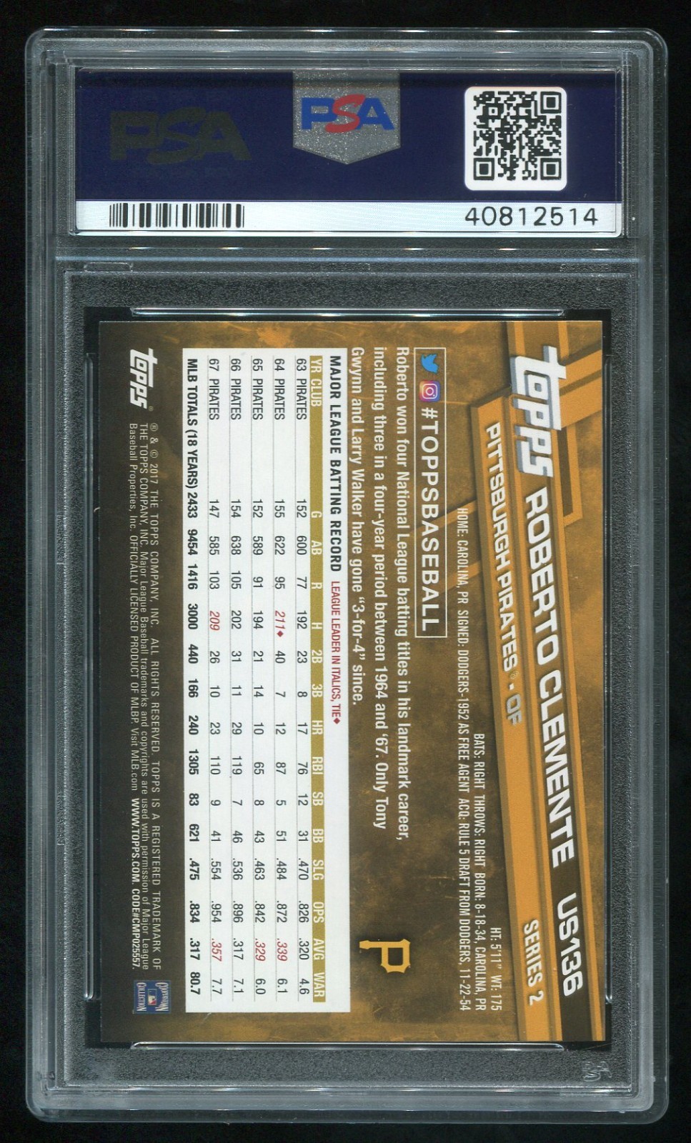 2017 TOPPS UPDATE US136 SHORT PRINT VARIATION ROBERTO CLEMENTE PSA 9 (40812514) view 2
