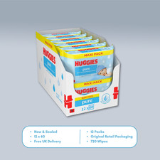 Huggies Pure Plastic Free Baby Wipes Pack of 12 x 60 - 720 Fragrence Free Wipes