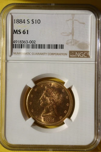 1884 s $10 Liberty Eagle Gold Coin. Certified NGC MS 61.