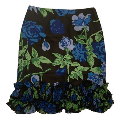 Muse Women s 100% Silk Skirt Black Floral Ruffle 3DHem Size 4 Green Blue Roses