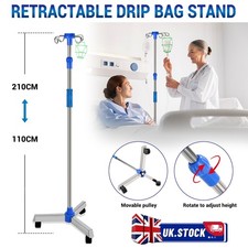 Portable IV Pole Drip Bag Stand Intravenous Silver Foldable w/wheel Pole Stand ~