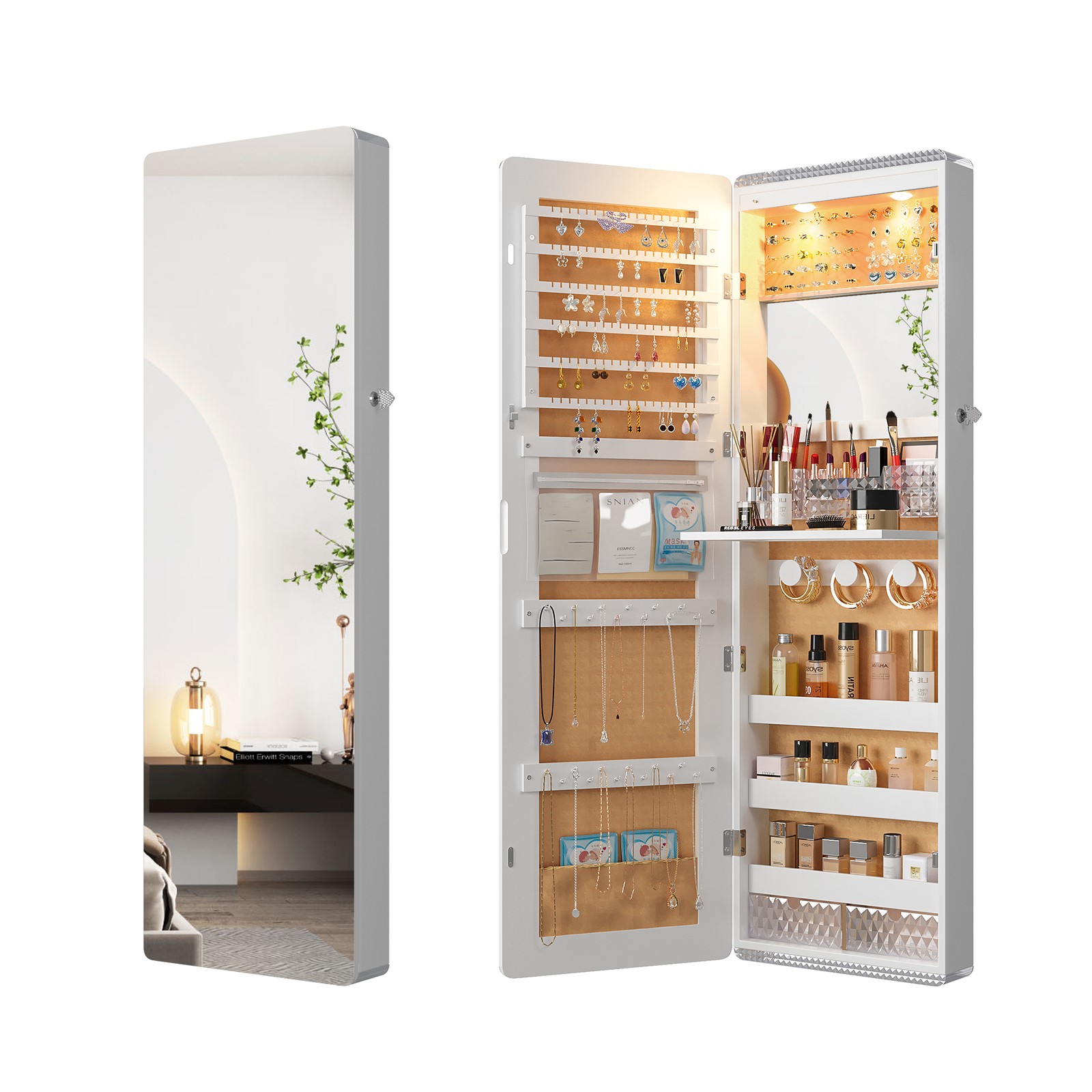 Wall Mounted Jewelry Cabinet with Full-Length Mirror and Storage Organizer