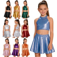 Kids Dance Sets Cheer Outfit Shiny Skirt And Top Set Cheerleading Performance