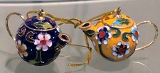 Vintage Cloisonne Mini Teapot Christmas Ornaments, Qty 2, Yellow, Blue