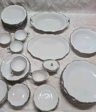 53 Pc Bavaria Tirschenreuth Silver Scroll Scalloped Dinnerware Set Pasco White