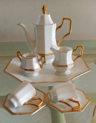 VINTAGE FORMALITÄTEN VON BAUM BROTHERS MINIATUR TEESERVICE Weißgold Porzellan 9 Teile