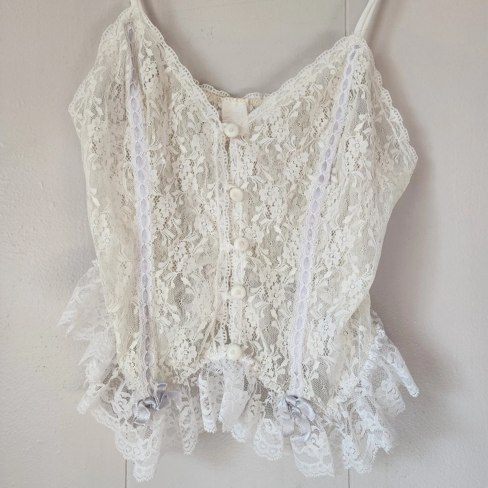 Tocador romántico vintage años 60 70 encaje peplum cami con volantes marfil Foto 2 de 4