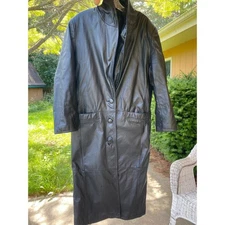 Vintage Gitano Black Leather Trench Coat Longline Button Front Women's L