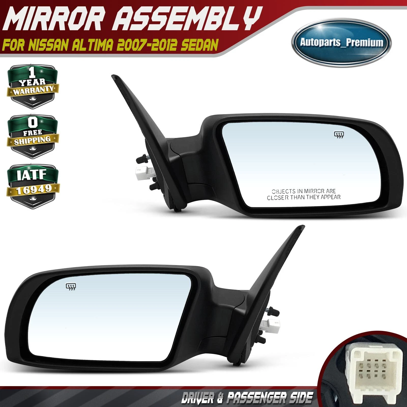2x Power Mirror w/ Turn Signal Heated Smooth Black for Nissan Altima 2007-2012
