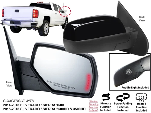 Mirror for 2014-2018 SILVERADO SIERRA Power Folding Memory Puddle Passenger Side