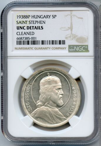 1938-BP Hungary Saint Stephen 5 Pengo Silver Coin NGC UNC Details - JP611 - Picture 1 of 2