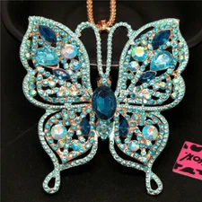 Fashion Women Cute Rhinestone Blue Butterfly Crystal Pendant Chain Necklace