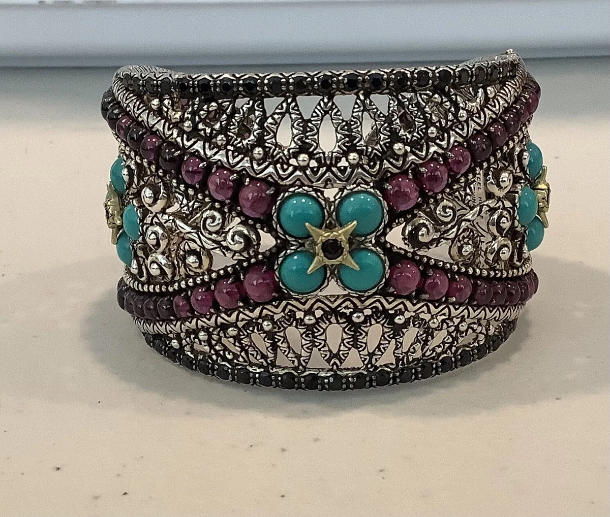 RARE BARBARA BIXBY STERLING 18K BALINESE TEMPLE BRACELET GARNET