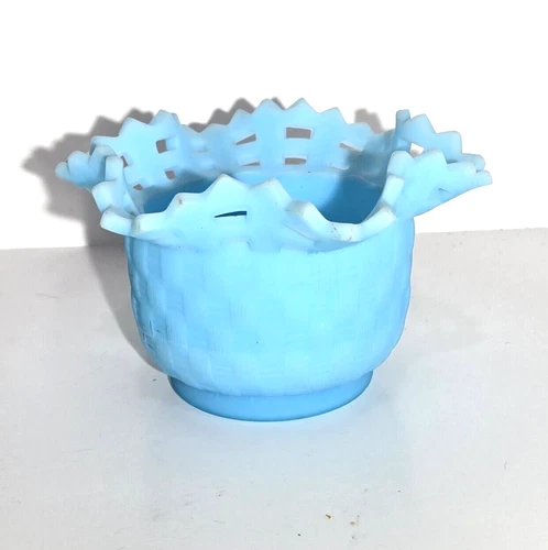 Fenton Blue Satin Glass Basket Weave Small Bowl Vase Lattice Open Lace Edge Vtg
