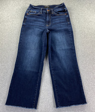 Judy Blue High Waist Wide Leg Crop Jeans Women's 3/26 Raw Hem Dark Wash Whiskers