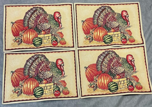 Set Of 4 Tapestry Thanksgiving Pumpkins Placemats Turkey Table Decor Fall 13X18
